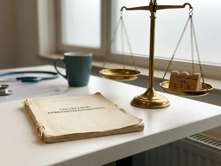 Opengeslagen cao-boekje naast koperen weegschaal met classificatieblokje op bureau van zorgadministrateur in zacht ochtendlicht.