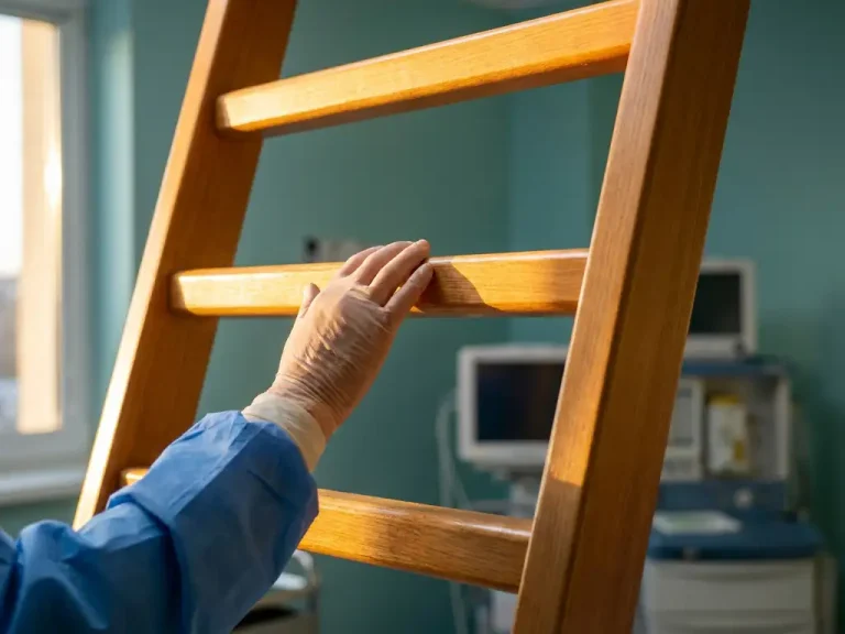 Zorgprofessional klimt houten carrièreladder in klinische omgeving met warm gouden licht