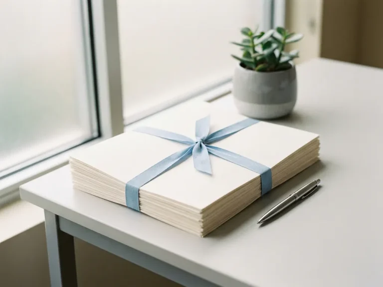 Gestapelde witte certificeringsdocumenten met lichtblauw lint op een bureau, zilveren pen en vetplant in natuurlijk daglicht.