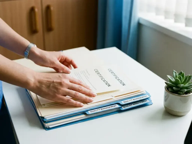 Handen ordenen certificeringsdocumenten en kwaliteitsmappen op wit bureau in medische praktijk, succulent en natuurlijk licht.