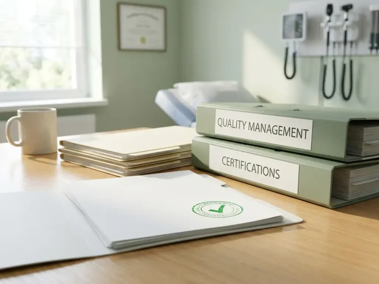 Gestapelde certificeringsdocumenten met groen vinkje op klinisch bureau, natuurlijk licht op witte papieren in zorgomgeving.