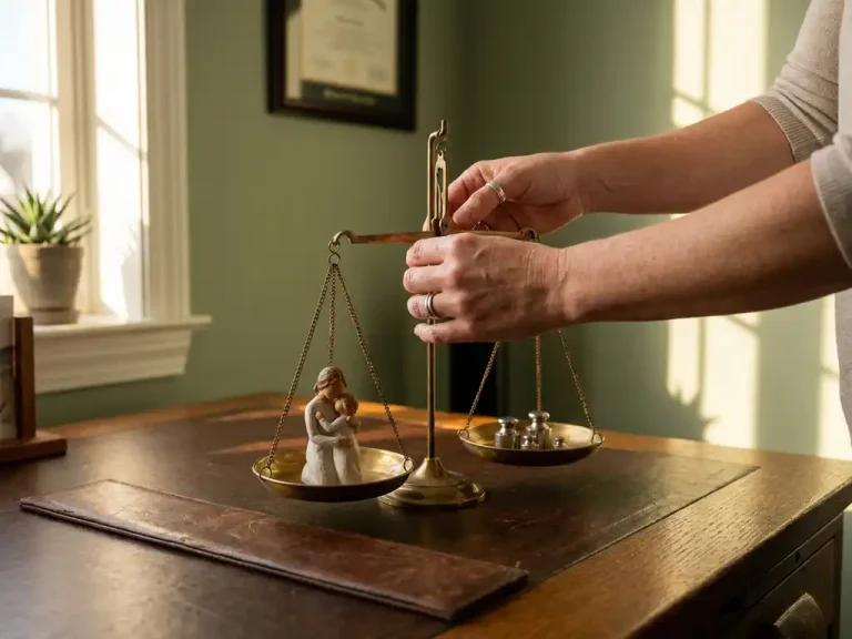 Handen van een gedragsspecialist stellen een koperen balansweegschaal af op een eikenhouten bureau, met een keramisch figuur dat zorgwerk symboliseert in zacht ochtendlicht.