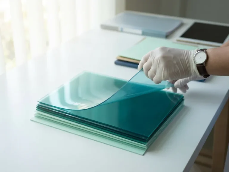 Handen van zorgadministrateur sorteren transparante acrylplaten in mint- tot groenblauw tinten op wit bureau, natuurlijk licht