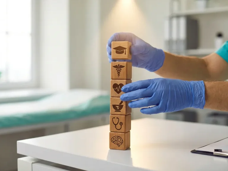 Handen van zorgprofessional stapelen houten blokken met medische symbolen op wit bureau, symboliseert carrièregroei in de gezondheidszorg.