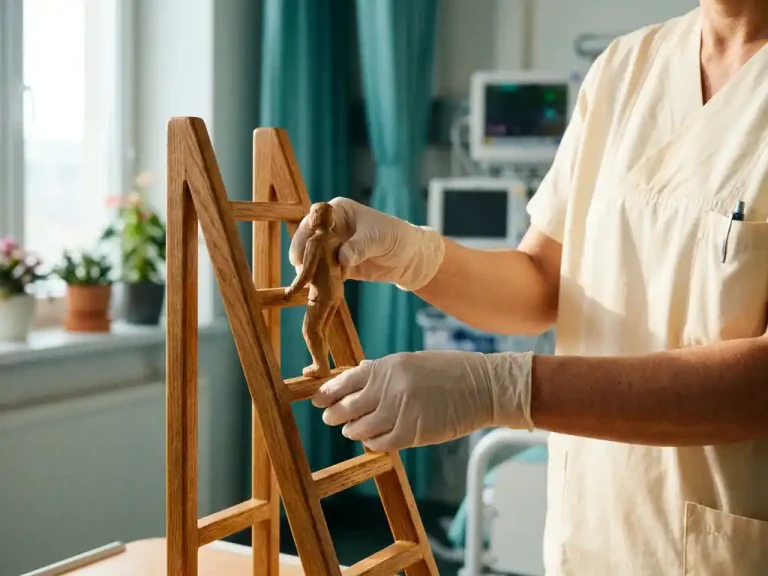Handen van zorgprofessional verplaatsen houten figuur op carrièreladder, zacht natuurlijk licht door ziekenhuisraam.