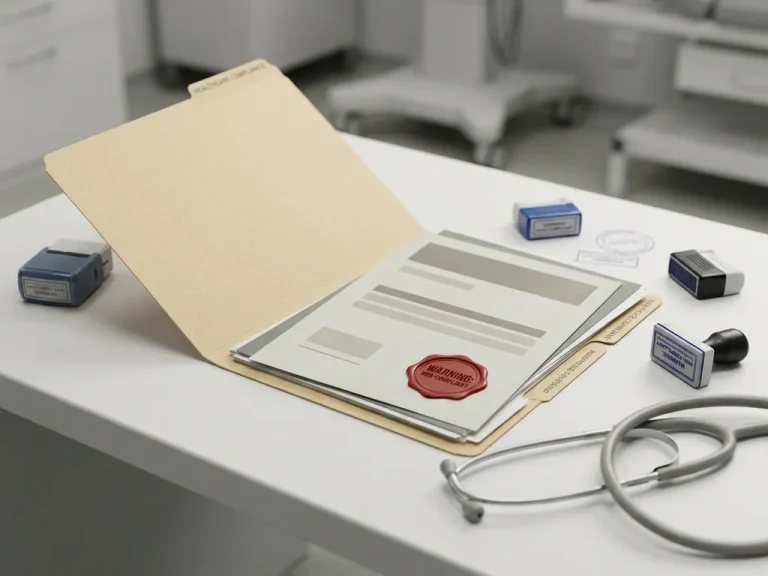 Open compliance-map op klinisch bureau met certificeringsstempels, document met rode waarschuwingszegel en stethoscoop