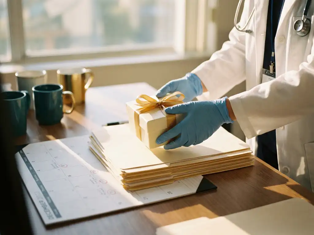 Handen van zorgmedewerker plaatsen cadeautje met gouden lint op stapel arbeidscontracten naast bureaukalender met gemarkeerde feestdagen.