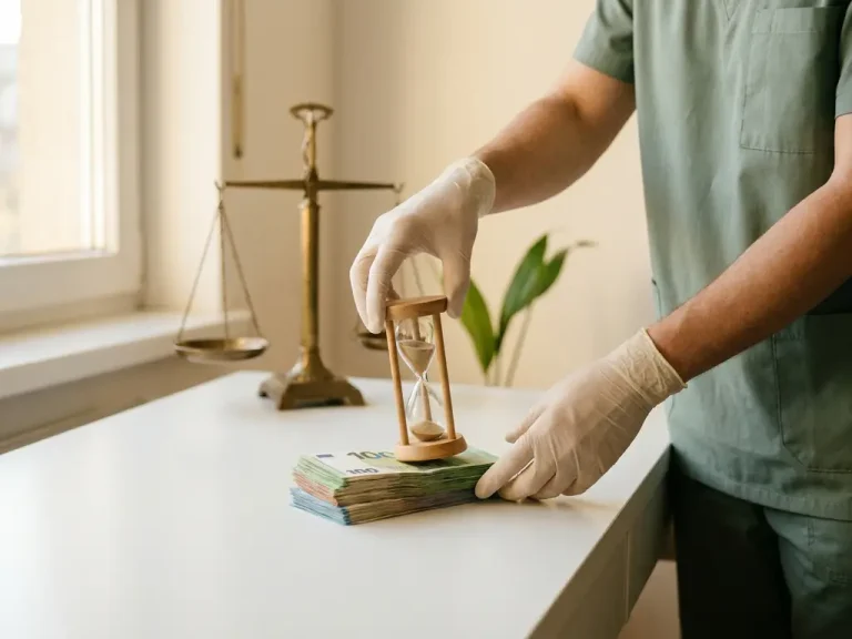 Handen van zorgverlener plaatsen houten zandloper op stapel eurobiljetten, met balansweegschaal op achtergrond en groen blad.