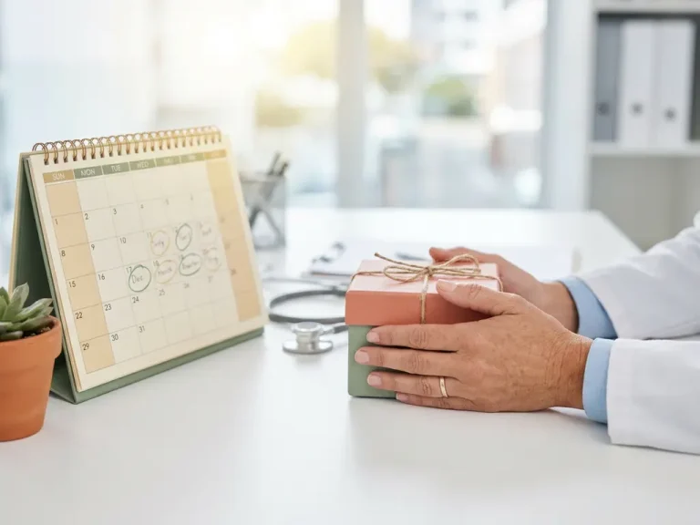 Handen van zorgmedewerker houden klein ingepakt cadeautje vast naast kalender met gemarkeerde vrije dagen, stethoscoop en vetplant op wit bureau in ochtendlicht.