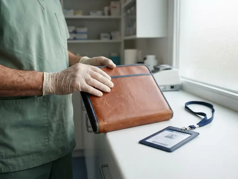 Verweerde handen van zorgmedewerker houden versleten leren portfolio naast nieuwe werknemersbadge op witte kliniekbalie in zacht ochtendlicht.