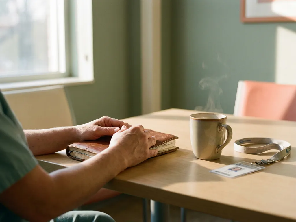 Handen van zorgmedewerker houden versleten planningsagenda vast naast dampende koffiekop op houten tafel in pauzeruimte, ochtendlicht.