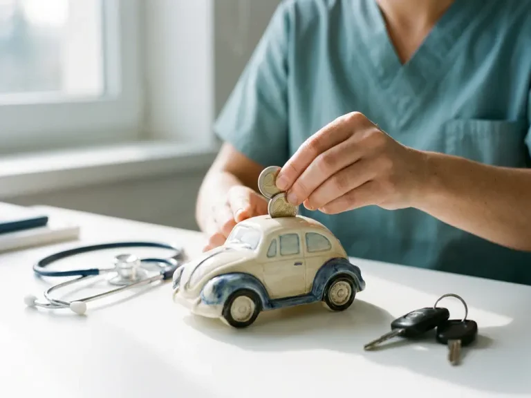 Handen van zorgmedewerker plaatsen euromunten in autovorming spaarvarken naast stethoscoop en autosleutels op witte kliniekbalie.