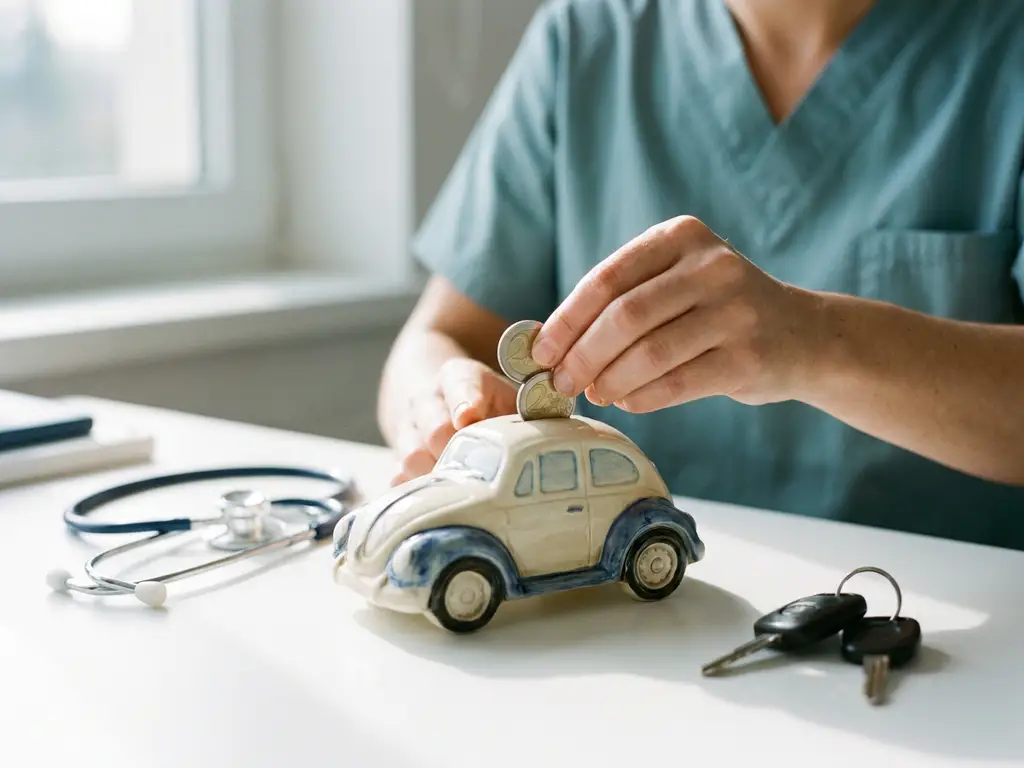 Handen van zorgmedewerker plaatsen euromunten in autovorming spaarvarken naast stethoscoop en autosleutels op witte kliniekbalie.