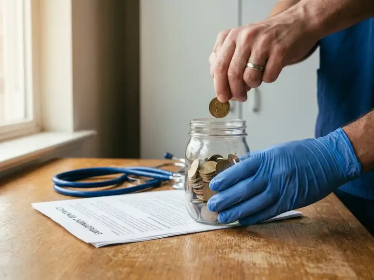 Handen van zorgmedewerker laten gouden munt in glazen spaarpot vallen, naast arbeidscontract en stethoscoop op eikenhouten bureau.