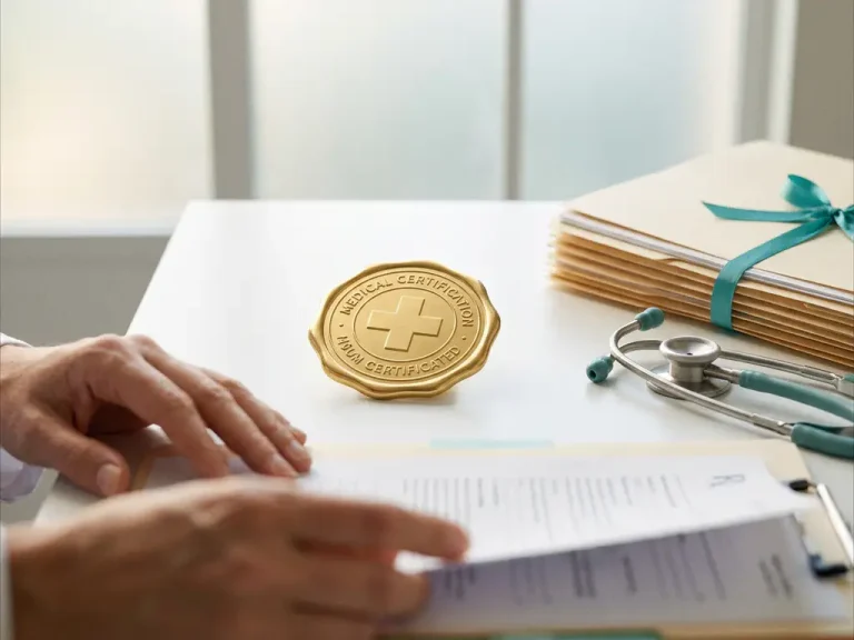 Gouden medische certificeringszegel op wit bureau naast stethoscoop en patiëntendossiers in ochtendlicht