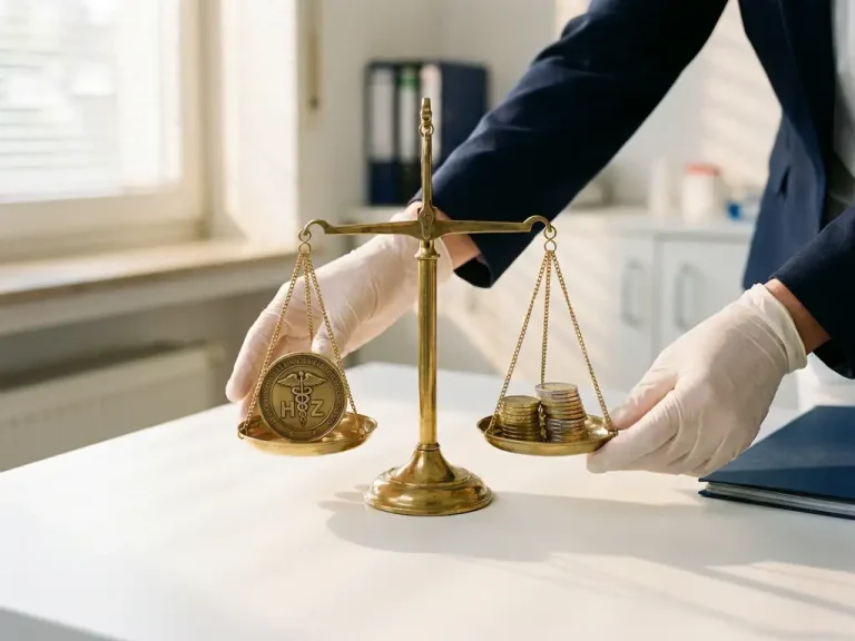 Handen van zorgadministrateur plaatsen koperen weegschaal op wit bureau, HKZ-certificaat zegel aan één kant, euromunten aan andere kant.