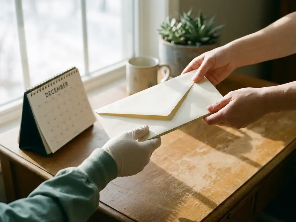 Handen van zorgmedewerker ontvangen witte envelop met bonuscheque op houten bureau, decemberkalender en zacht winterlicht.