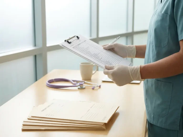 Handen van kwaliteitsauditor met checklist op klembord boven bureau met patiëntendossiers en stethoscoop in klinische omgeving.