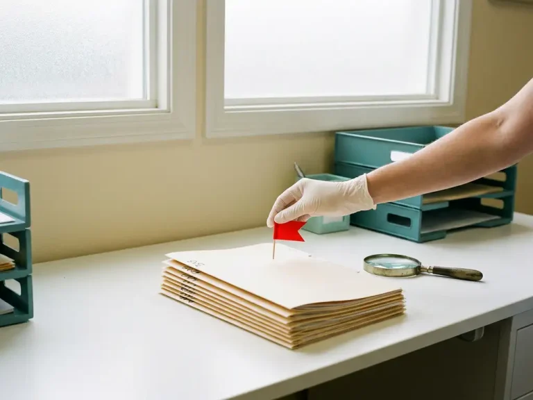 Auditeurshand plaatst rode vlagmarkering naast geordende patiëntendossiers op klinisch bureau, vergrootglas ernaast, zacht ochtendlicht.