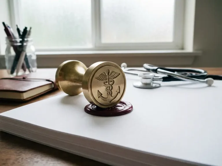 Messing kwaliteitsstempel drukt in wit papier met bordeauxrode wasindruk, stethoscoop ernaast op medisch bureau in zacht daglicht.