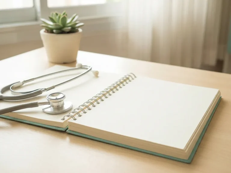 Opengeslagen kwaliteitshandboek met zilveren stethoscoop op klinisch bureau, ochtendlicht werpt zachte schaduwen