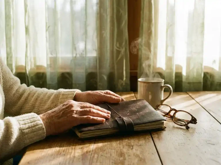Verweerde handen sluiten een versleten leren agenda op een houten keukentafel, met dampende koffie en leesbril in zacht ochtendlicht.