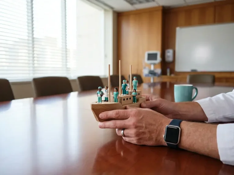 Handen van een teamleider begeleiden een houten scheepsmodel over een vergadertafel, met miniatuurfiguren als personeelsleden op verschillende dekken.