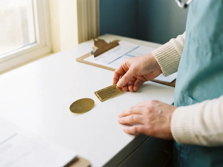 Handen van zorgprofessional plaatsen twee koperen naambadges naast elkaar op wit bureau, zachte ochtendverlichting.