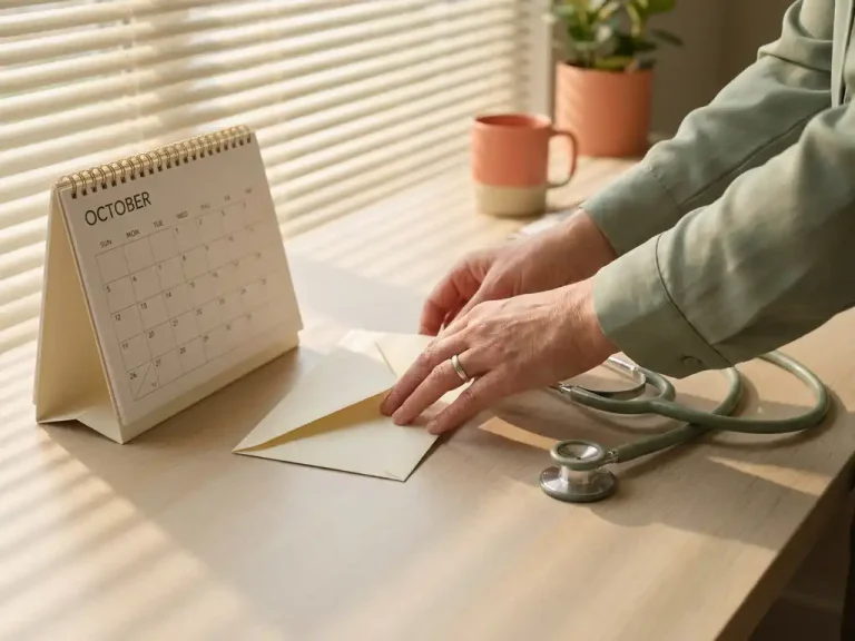 Handen van zorgmedewerker leggen ontslagbrief naast bureaukalender, stethoscoop op houten bureau in warm middaglicht door jaloezieën.