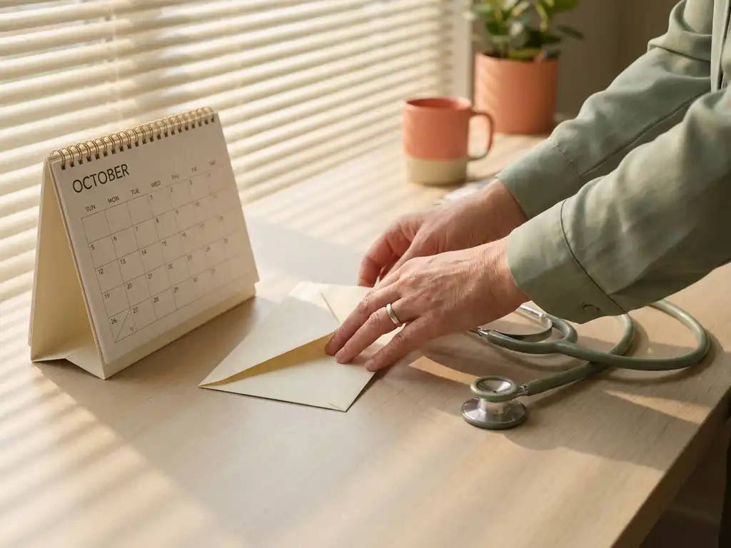 Handen van zorgmedewerker leggen ontslagbrief naast bureaukalender, stethoscoop op houten bureau in warm middaglicht door jaloezieën.