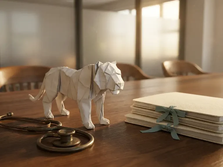 Verweerde papieren origami tijger op eiken vergadertafel naast bronzen stethoscoop en kwaliteitscertificeringsmappen in warm middaglicht.