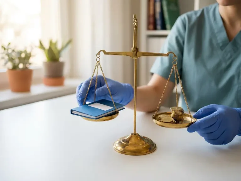 Handen van zorgprofessional balanceren koperen weegschaal met medisch dossier en gouden munten op wit bureau
