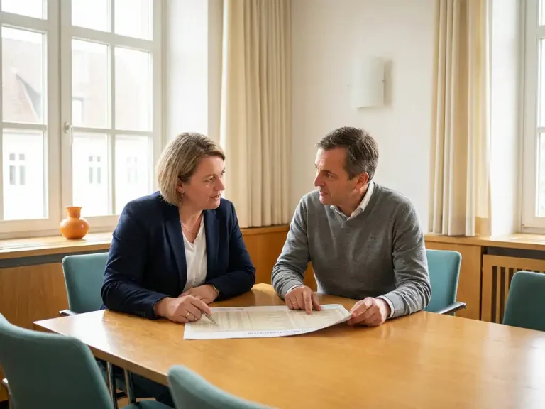Ondernemingsraadslid en zorgadministrateur bespreken samen salarisindelingsdocument aan eikenhouten vergadertafel in lichte vergaderruimte.