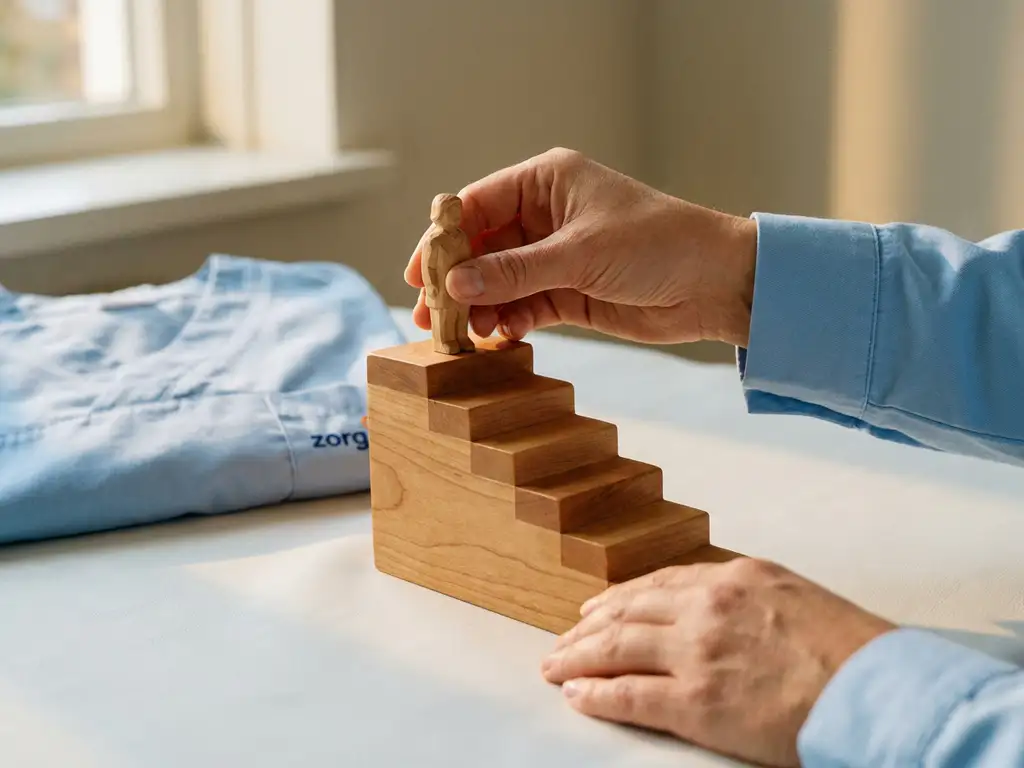 Handen plaatsen houten figuur op oplopende salaristrappen van esdoornhout, lichtblauw zorguniform op witte bureauondergrond.