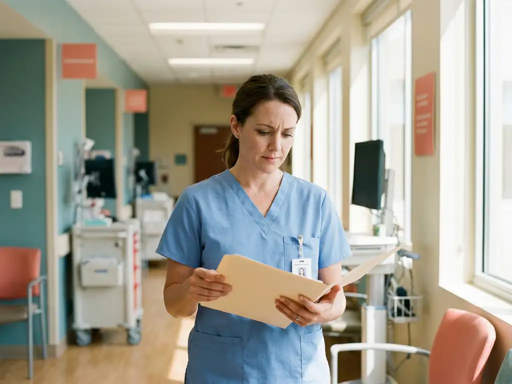 Tijdelijke zorgmedewerker in blauwe scrubs bestudeert documenten in moderne kliniekgang met natuurlijk licht.