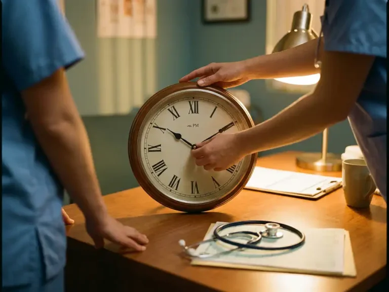 Handen van zorgmedewerker in blauwe scrubs stellen ronde wandklok af op avonduur, stethoscoop op klinisch bureau in warm lamplicht.