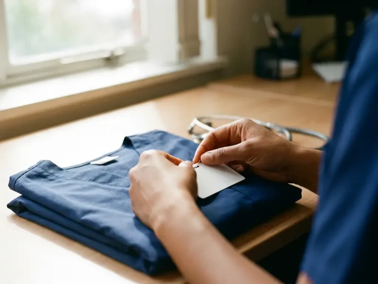 Handen van zorgverlener bevestigen naamplaatje op gevouwen marineblauw verpleegkundig uniform, stethoscoop op bureau in ochtendlicht.