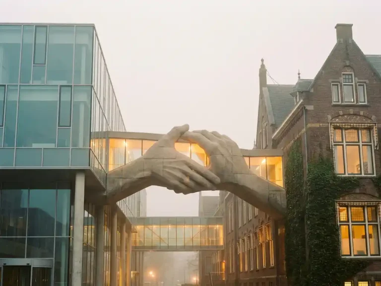 Moderne glazen zorginstelling verbonden met traditioneel bakstenen ziekenhuis via corridor met warm gouden licht, ochtendnevel.