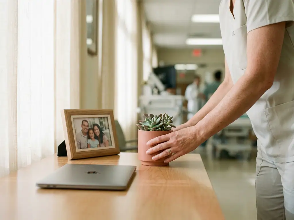 Handen van zorgmedewerker plaatsen kleine vetplant op bureau naast laptop en ingelijste familiefoto in zacht ochtendlicht.