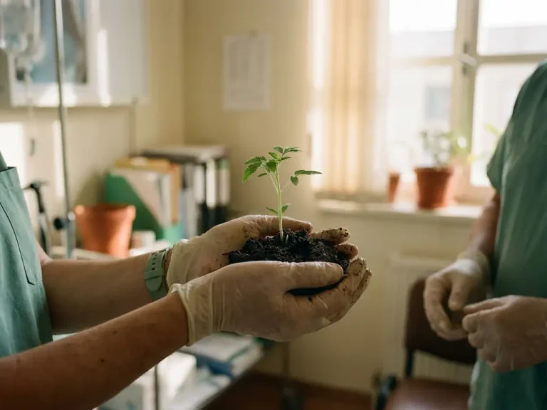 Verweerde handen van zorgmedewerker houden voorzichtig jonge groene plant in donkere aarde, warm natuurlijk licht in klinische ruimte.