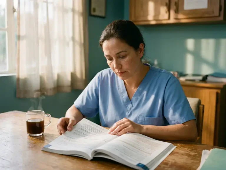 Zorgmedewerker in blauwe scrubs bestudeert trainingshandleiding aan houten bureau met koffie, ochtendzonlicht door kliniekraam.