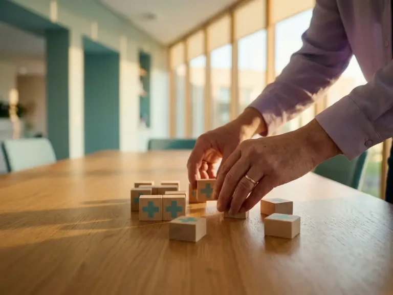 Handen van zorgbestuurder herschikken houten organogramblokken met medische kruissymbolen op eikenhouten vergadertafel, moderne zorginstelling op achtergrond.