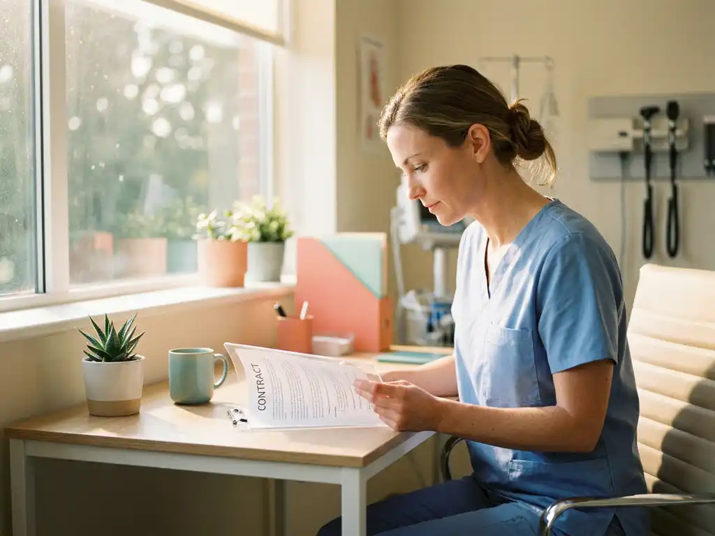 Zorgmedewerker in blauwe scrubs bestudeert arbeidscontract bij raam met natuurlijk licht, succulent op bureau.