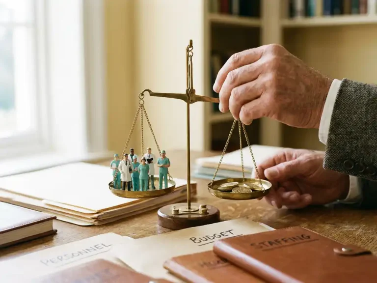 Handen wegen een koperen balans met ziekenhuismedewerker-figuurtjes tegenover gouden munten, personeelsmappen op eikenhouten bureau.