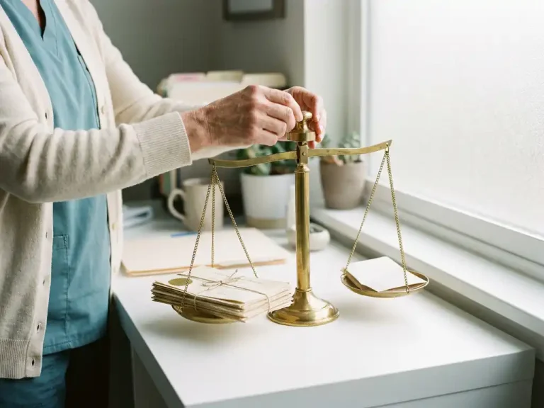 Handen van zorgprofessional stellen koperen balansweegschaal af met documenten op wit bureau in zacht ochtendlicht.
